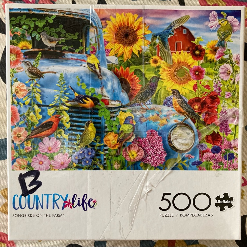 500 Piece Jigsaw Puzzle Buffalo Songbirds with Blue Truck and Sunflowers
